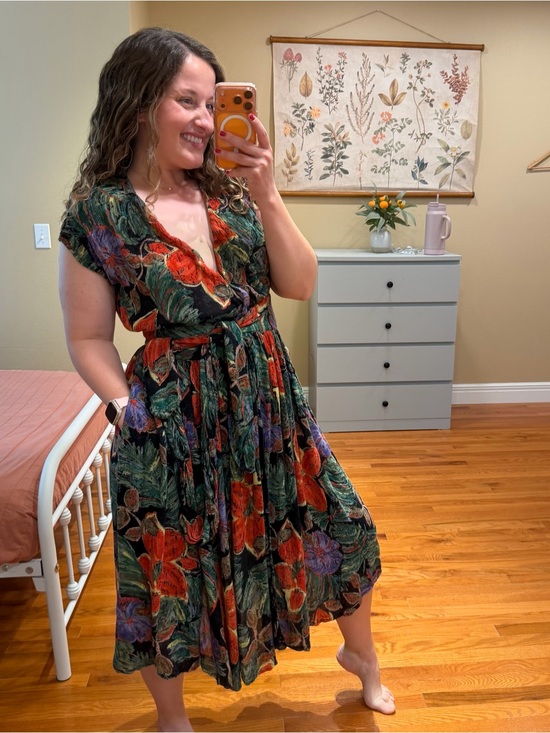 Vintage Dresses & Skirts - Vintage Together! Floral Wrap Midi Dress in Green, Red, Purple Fruit Small